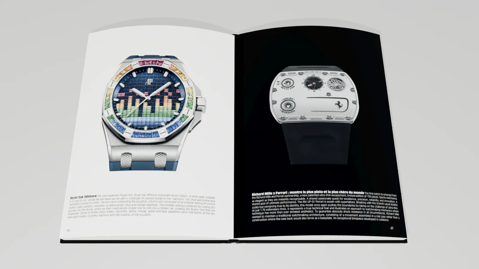 Double page du livre de montres de luxe "Best of the Watches" montrant à gauche l'Audemars Piguet Royal Oak Offshore Music Edition au cadran multicolore, et à droite la Richard Mille RM UP-01 Ferrari, reconnue comme la montre la plus plate du monde.