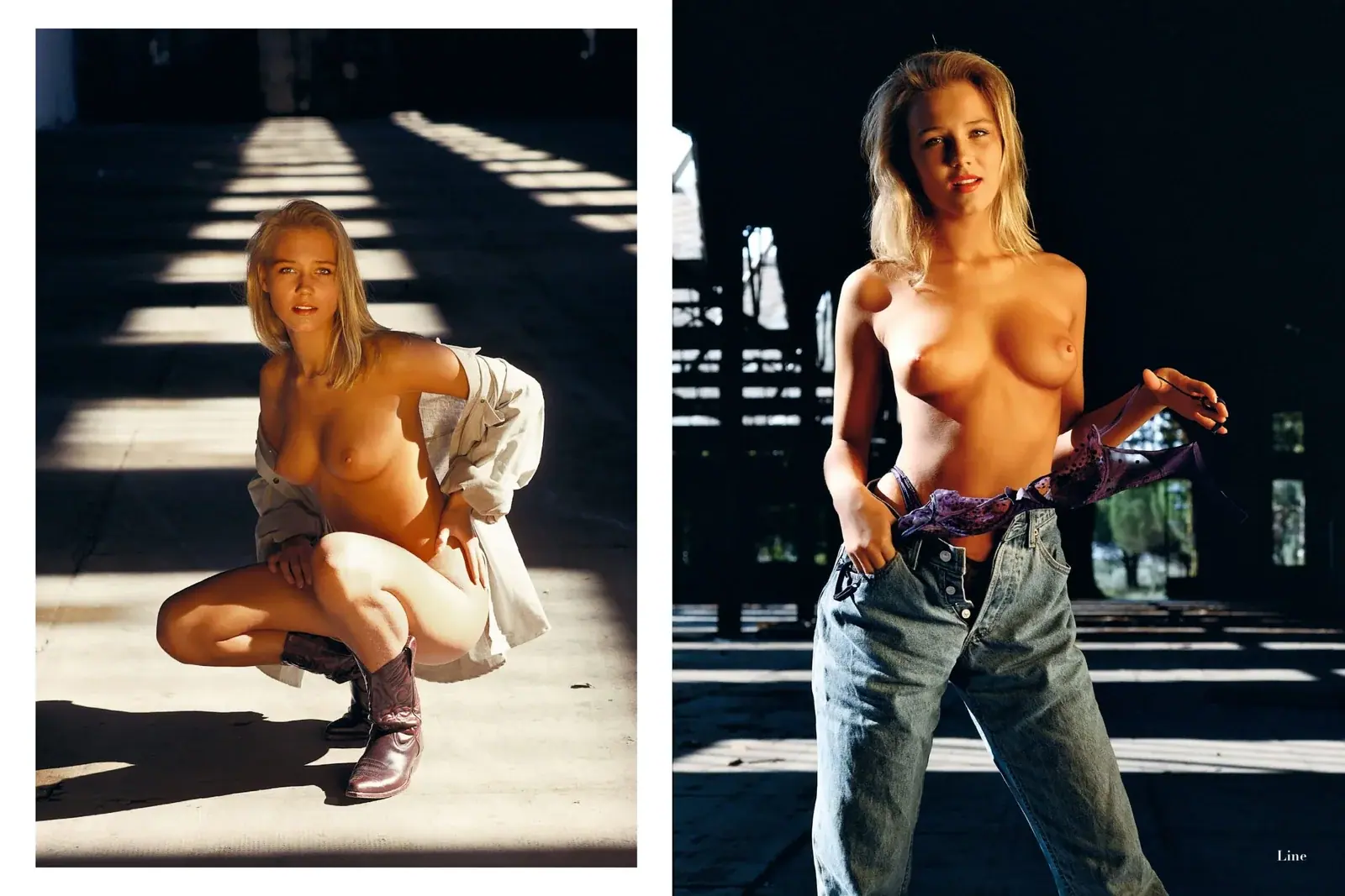 Un diptyque d'une femme blonde dans un entrepôt désaffecté aux jeux d'ombres marquées : à gauche, elle pose en bottes de cow-boy, à droite, elle porte un jean déboutonné.