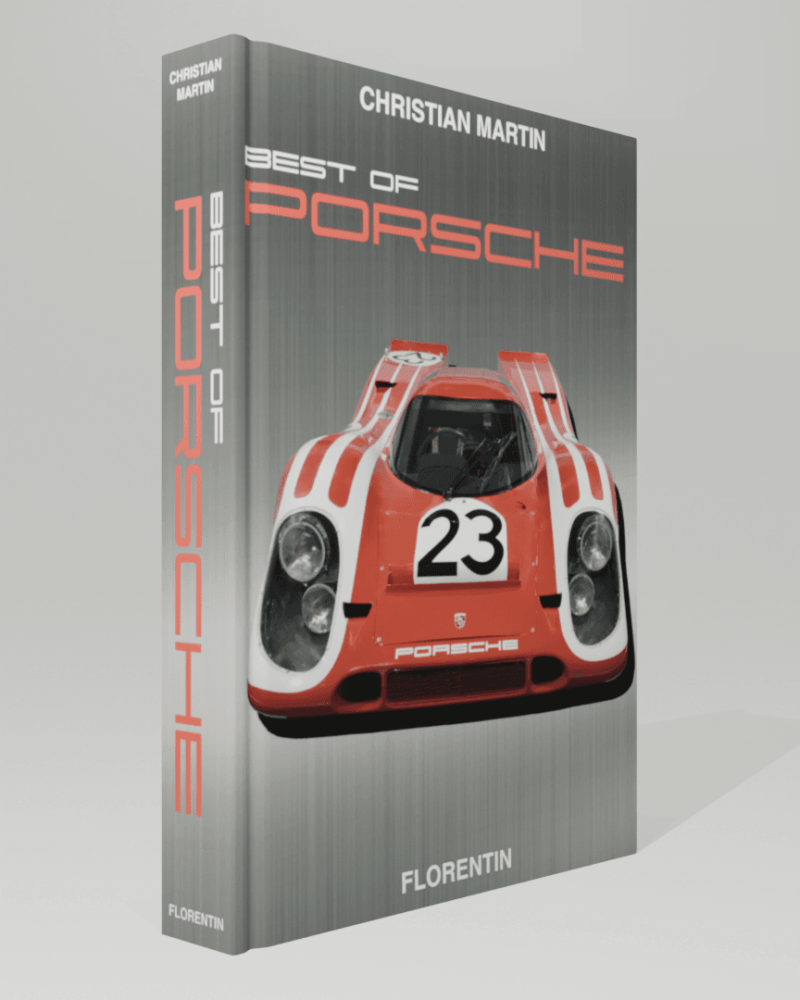 Couverture noire du beau livre Best of Porsche, voitures de sport mythiques, Éditions Florentin.